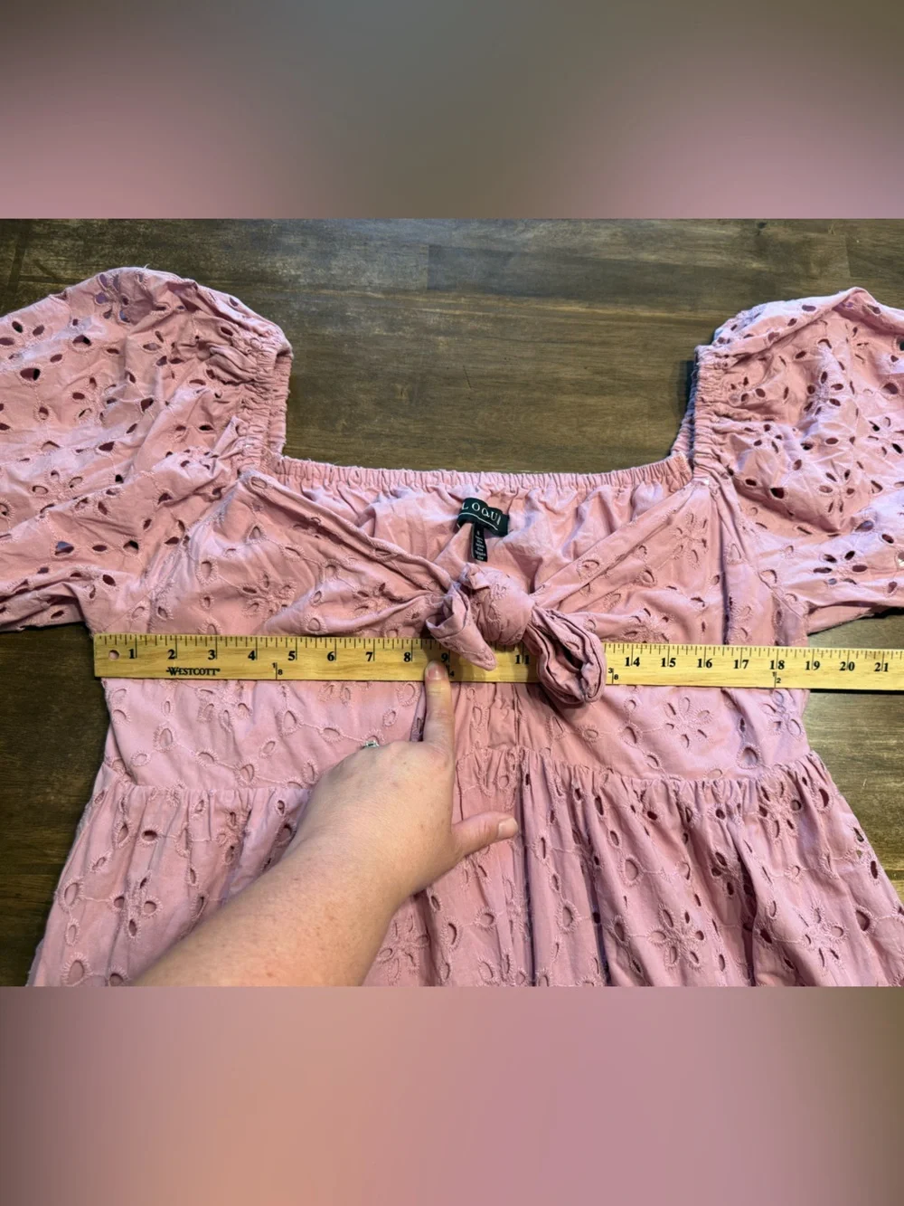 Eloquii Woman’s Eyelet Detain Tie Front Puff Sleeve Maxi Dress SZ 16 Pink Mauve - Picture 10 of 10